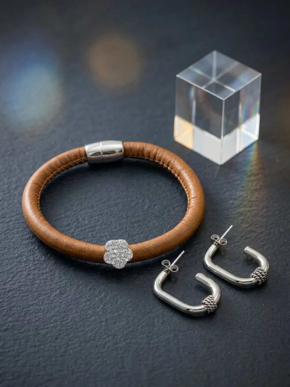 Caramel Vegan Leather Magnetic Bangle and Steel Hoop Earrings Set CZ Flower Boho